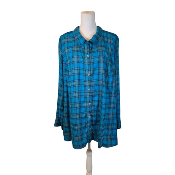 Catherines Button Up Top Women Size 3X Blue Plaid Casual Preppy - Picture 1 of 6